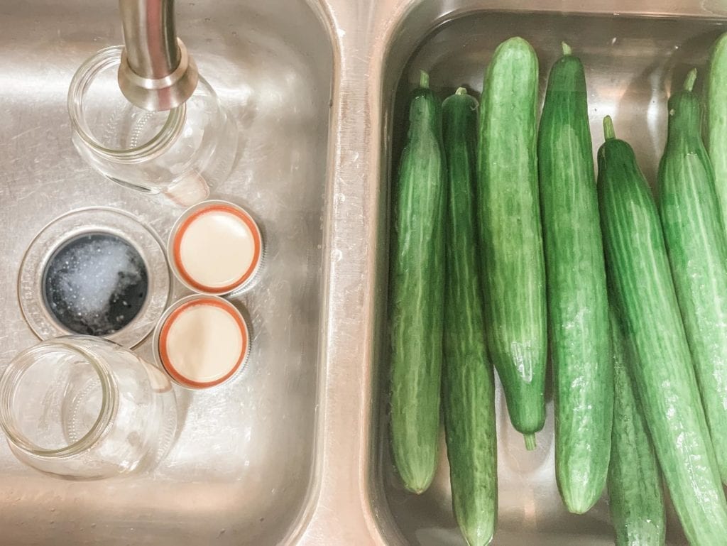 cucumbers washing in sink for Homemade QUICK Refrigerator Pickles